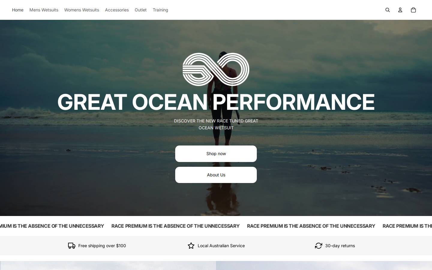 greatoceanwetsuits.com homepage screenshot