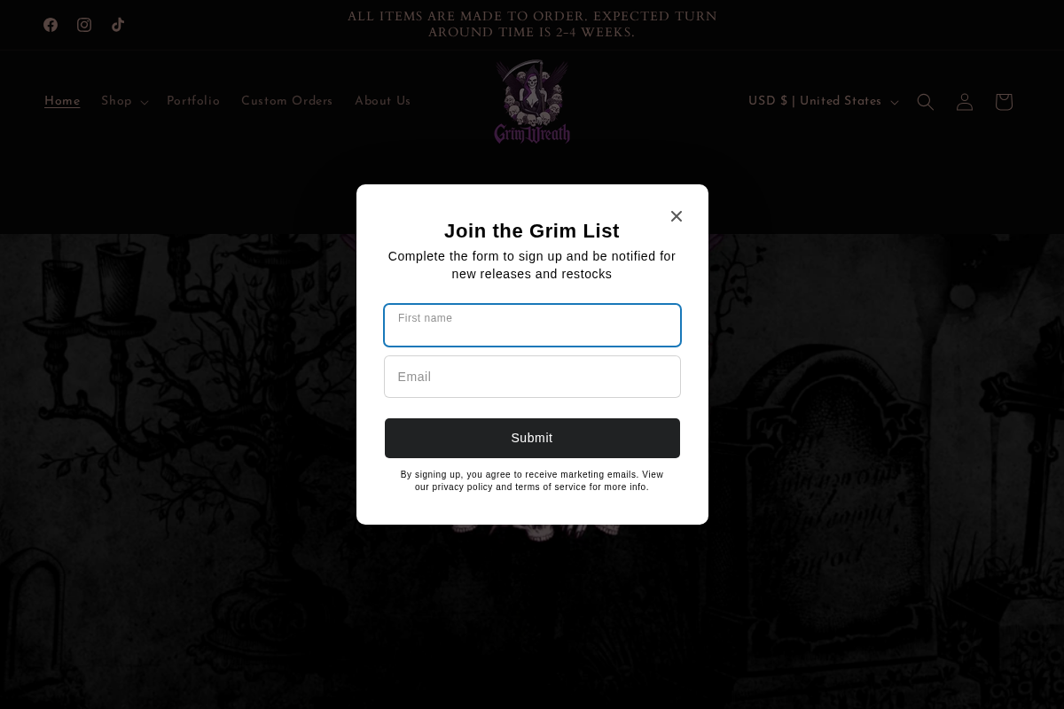 Grim Wreath homepage screenshot