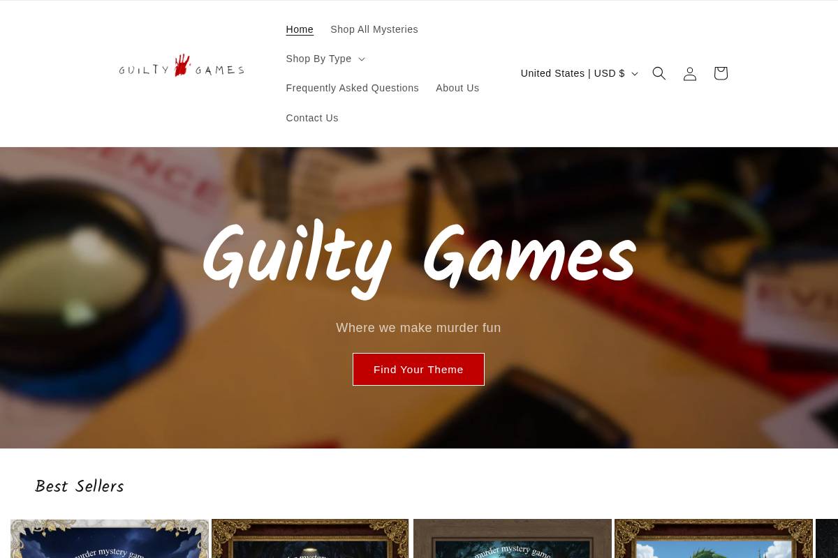 guiltygamesmurdermysteries.com homepage screenshot