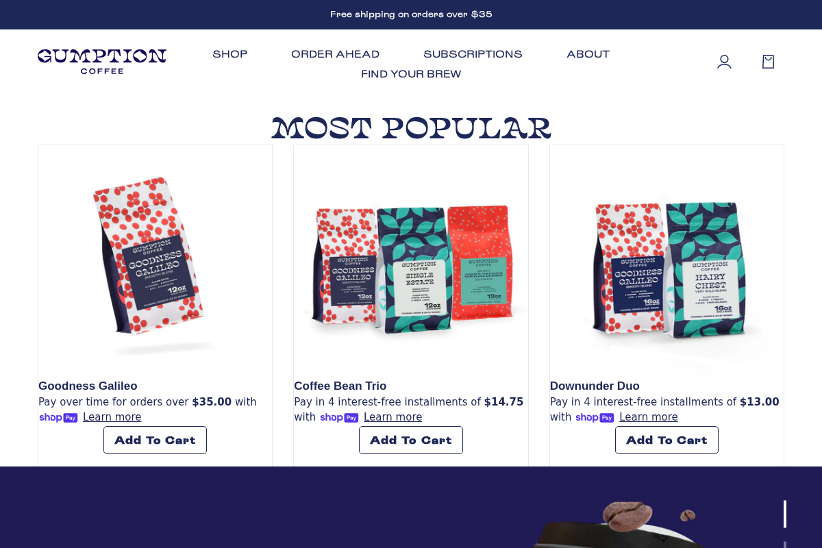 Gumption Coffee homepage screenshot