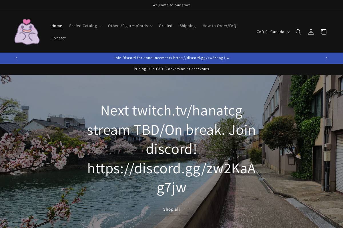 hanacards.ca homepage screenshot
