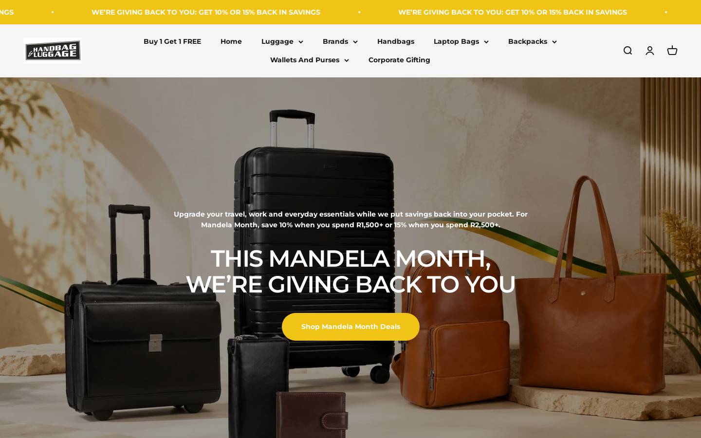 handbagandluggage.co.za homepage screenshot