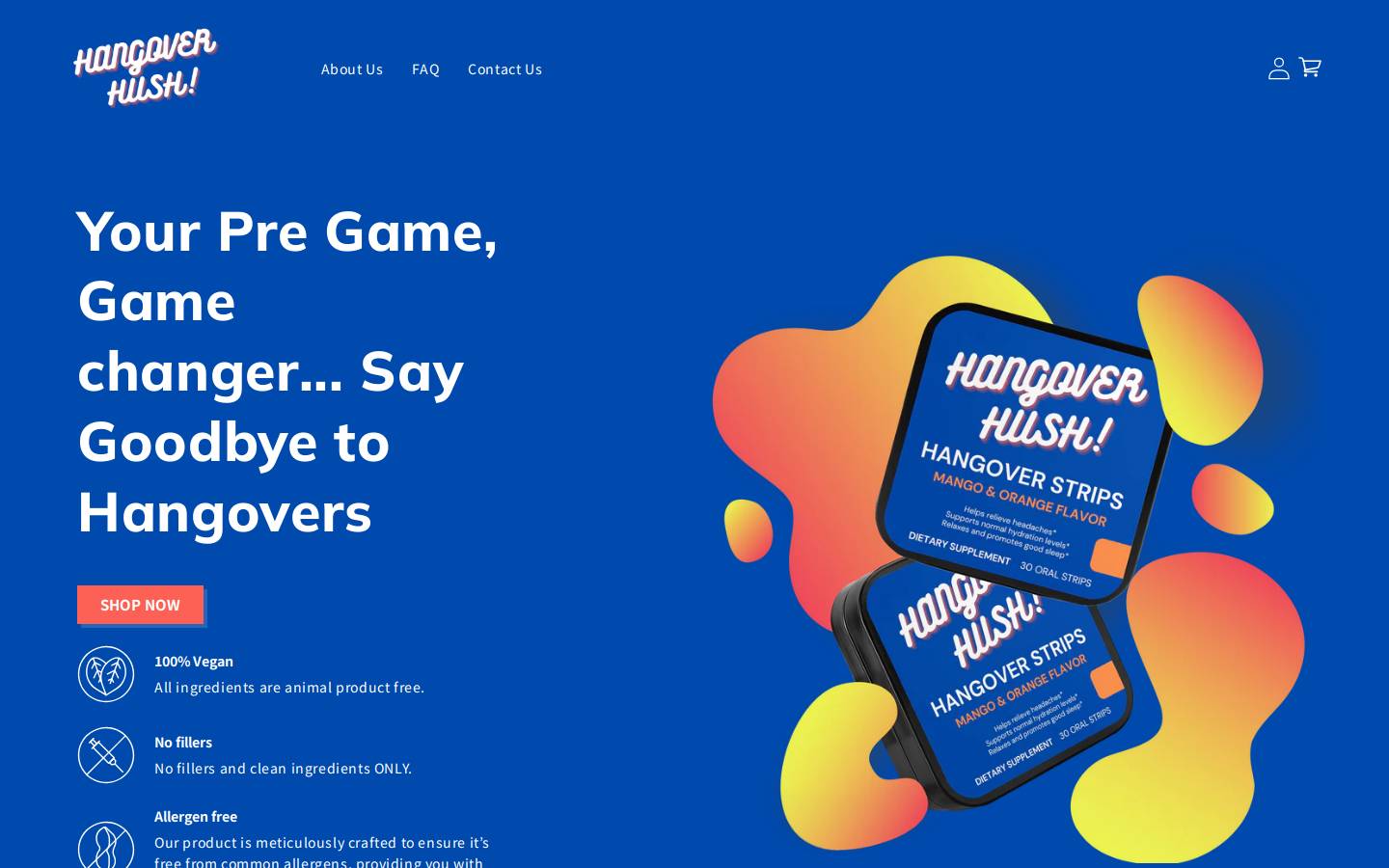 hangoverhush.com homepage screenshot