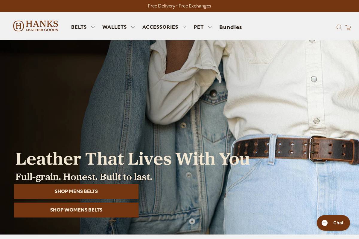 Hanks Belts & Leather Goods homepage screenshot