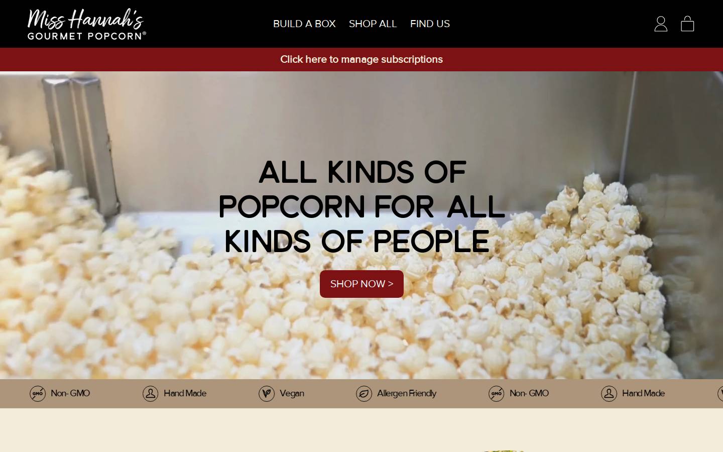 hannahspopcorn.com homepage screenshot
