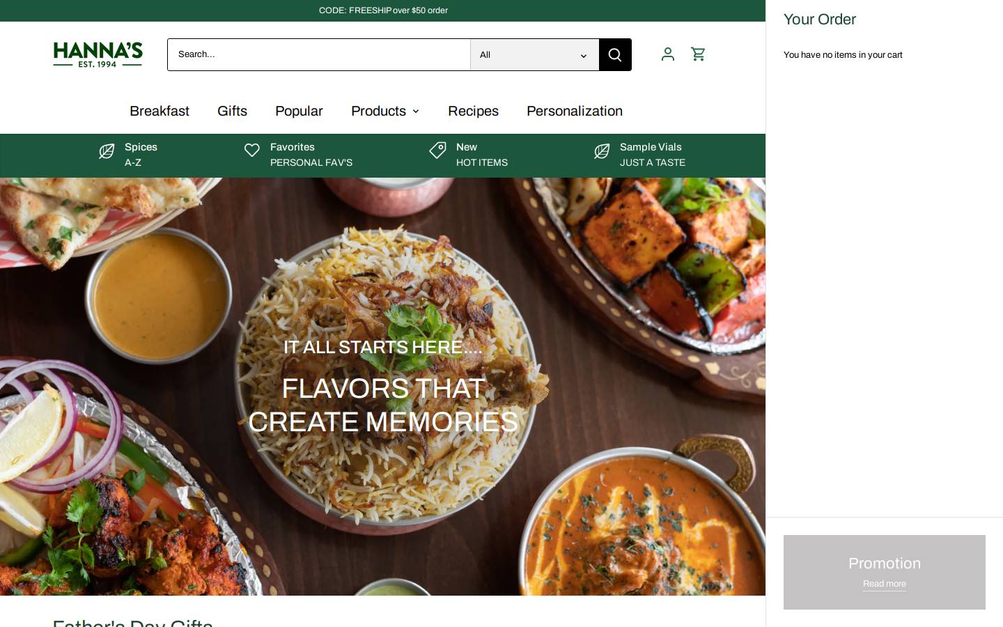 hannasgourmet.com homepage screenshot