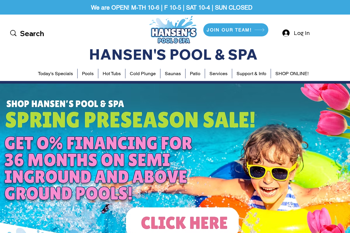 hansenspoolandspa.com homepage screenshot
