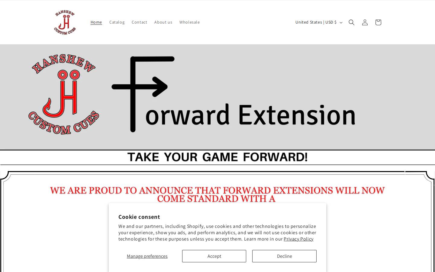hanshewcustomcues.com homepage screenshot