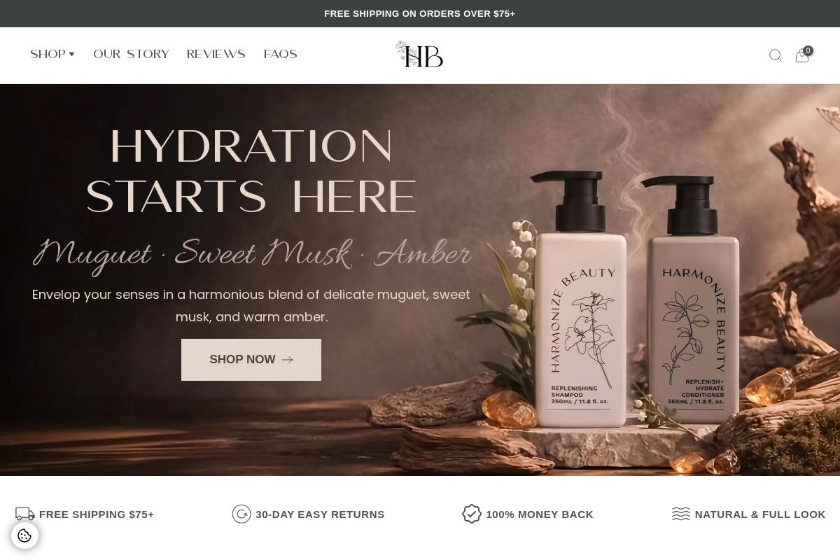 harmonizebeauty.com homepage screenshot