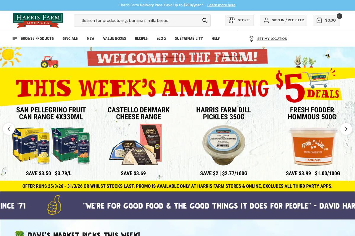 Harris Farm Markets homepage screenshot