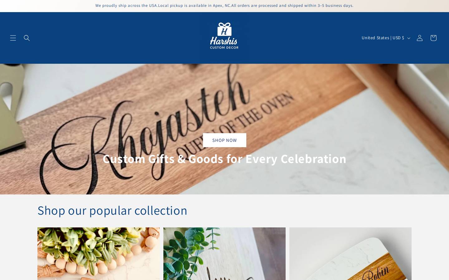 harshiscustomdecor.com homepage screenshot