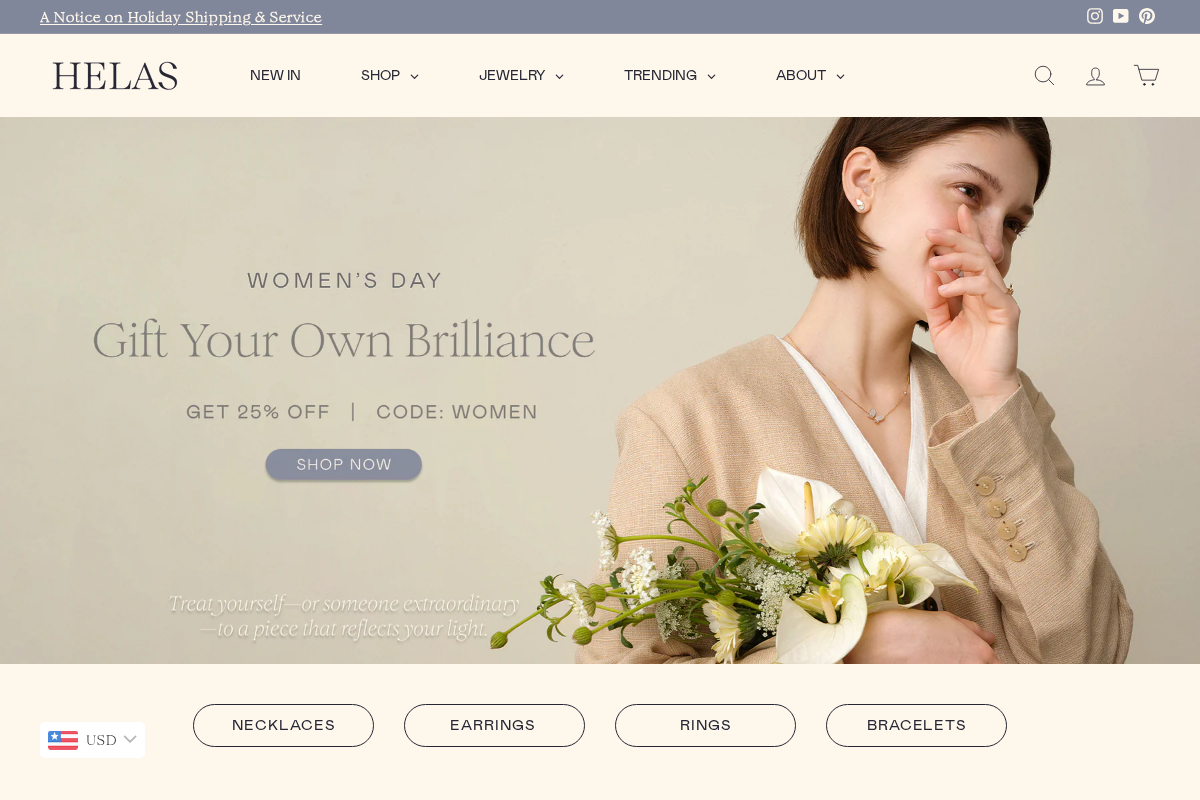 HELAS Jewelry homepage screenshot