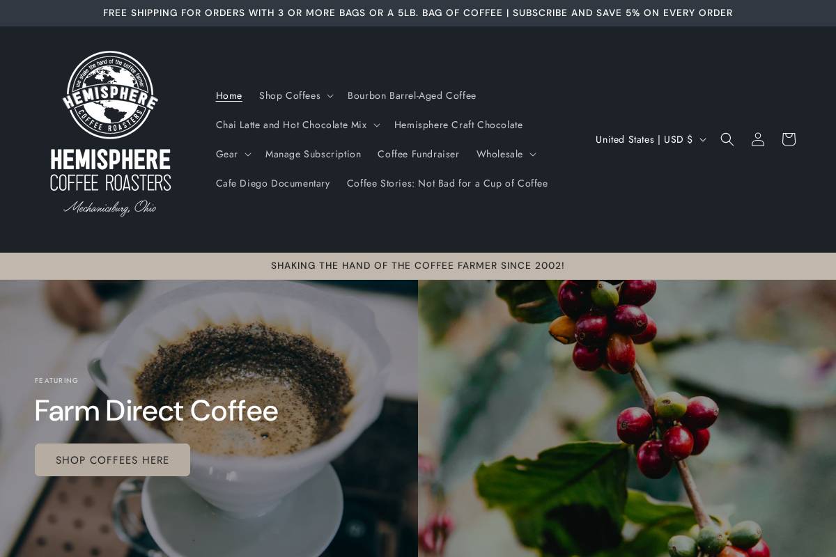 hemispherecoffeeroasters.com homepage screenshot