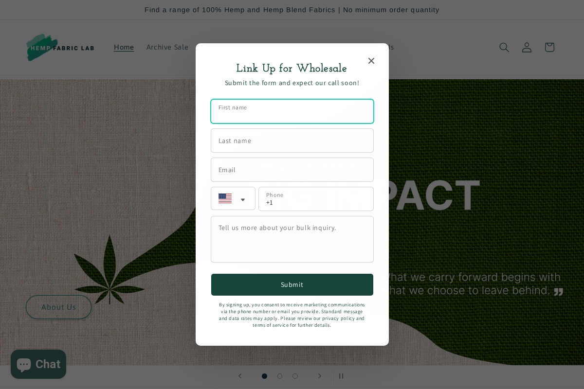 Hemp Fabric Lab - Buy sustainable fabric at no minimums homepage screenshot