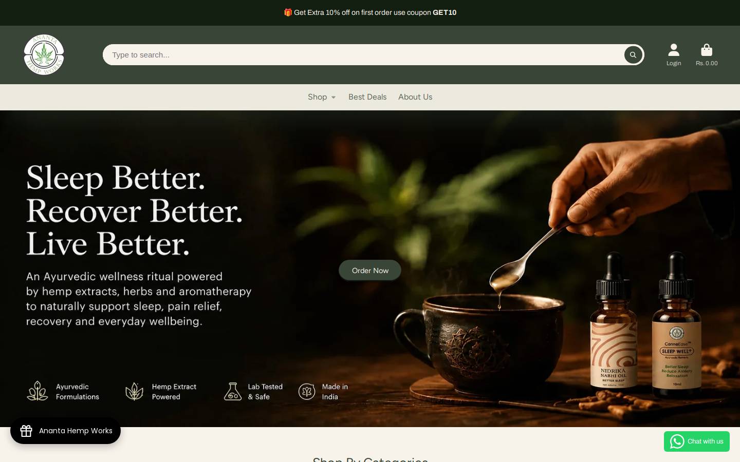 Ananta Hemp Works homepage screenshot