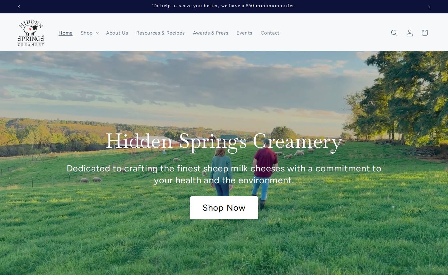 hiddenspringscreamery.com homepage screenshot