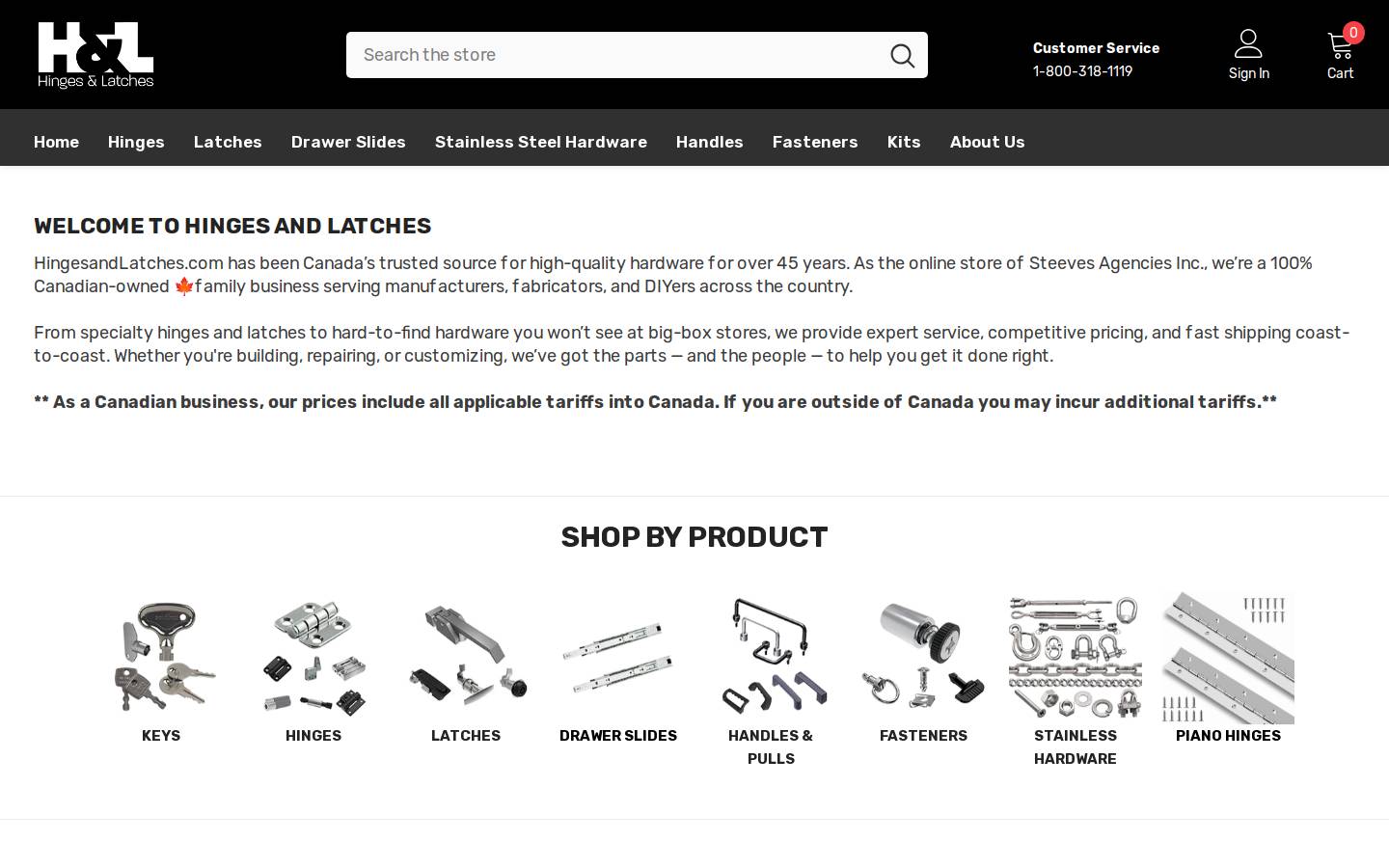hingesandlatches.com homepage screenshot