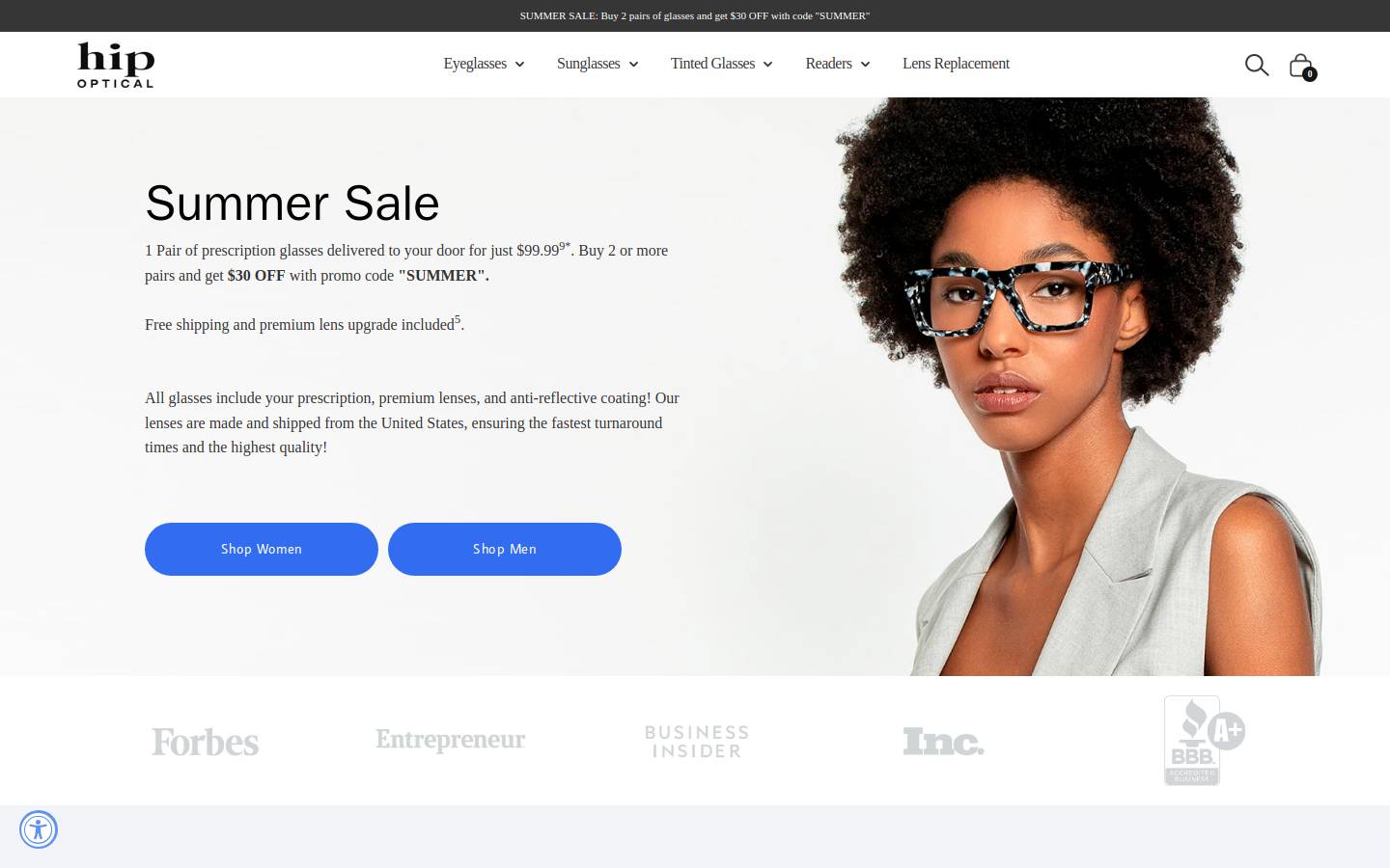 Hip Optical homepage screenshot
