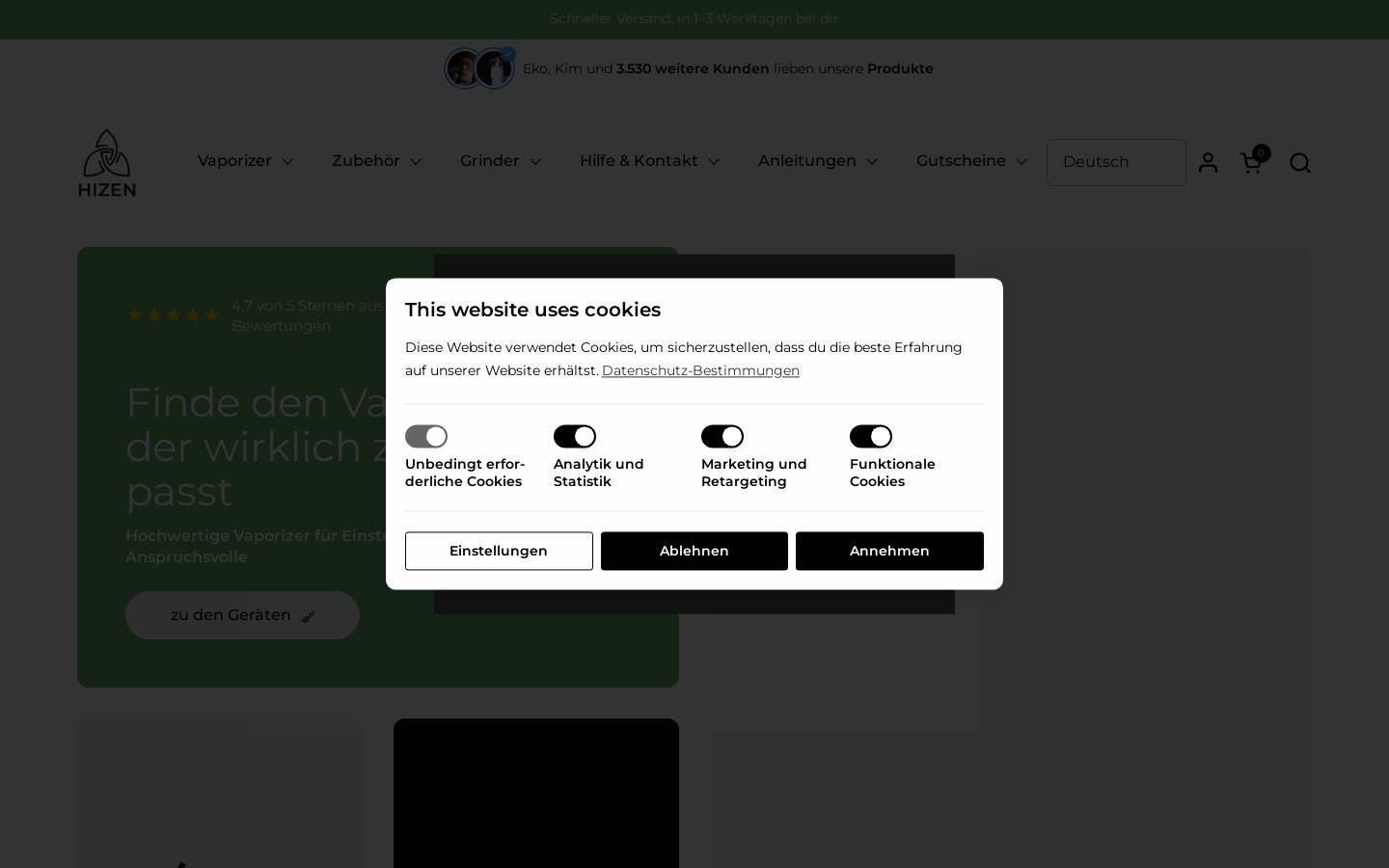 HIZEN Vaporizers homepage screenshot
