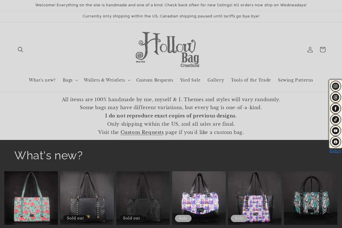 Hollow Bag Creations homepage screenshot