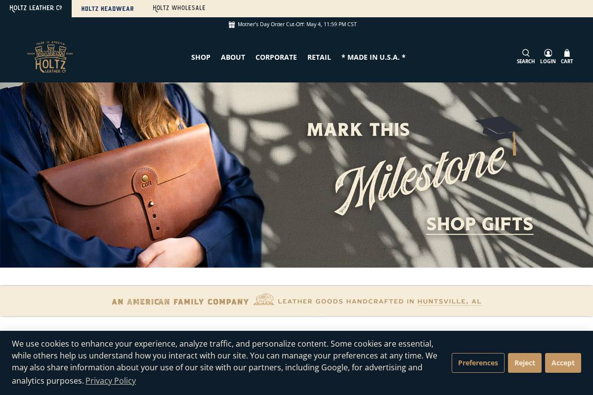 Holtz Leather Co. homepage screenshot