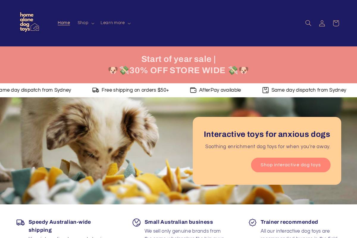 homealonedogtoys.com homepage screenshot