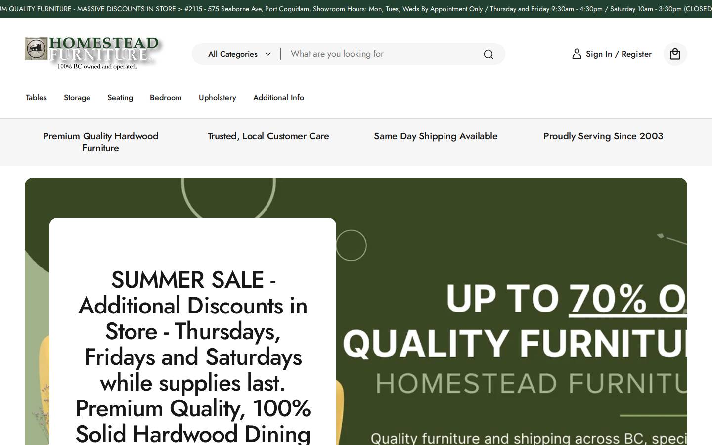homesteadfurniturebc.com homepage screenshot