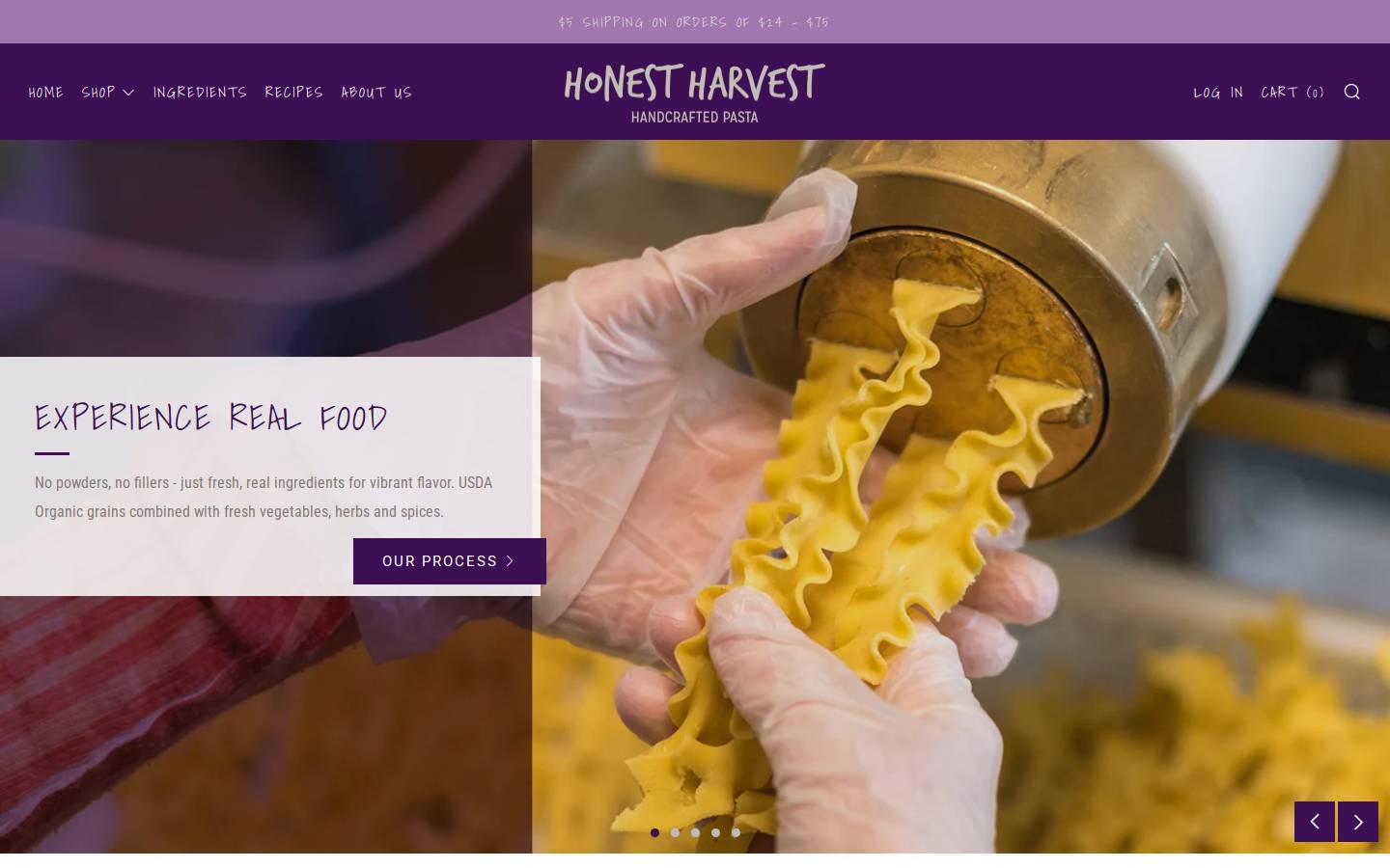 honestharvestpasta.com homepage screenshot