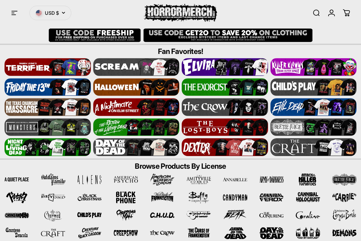 horrormerch homepage screenshot