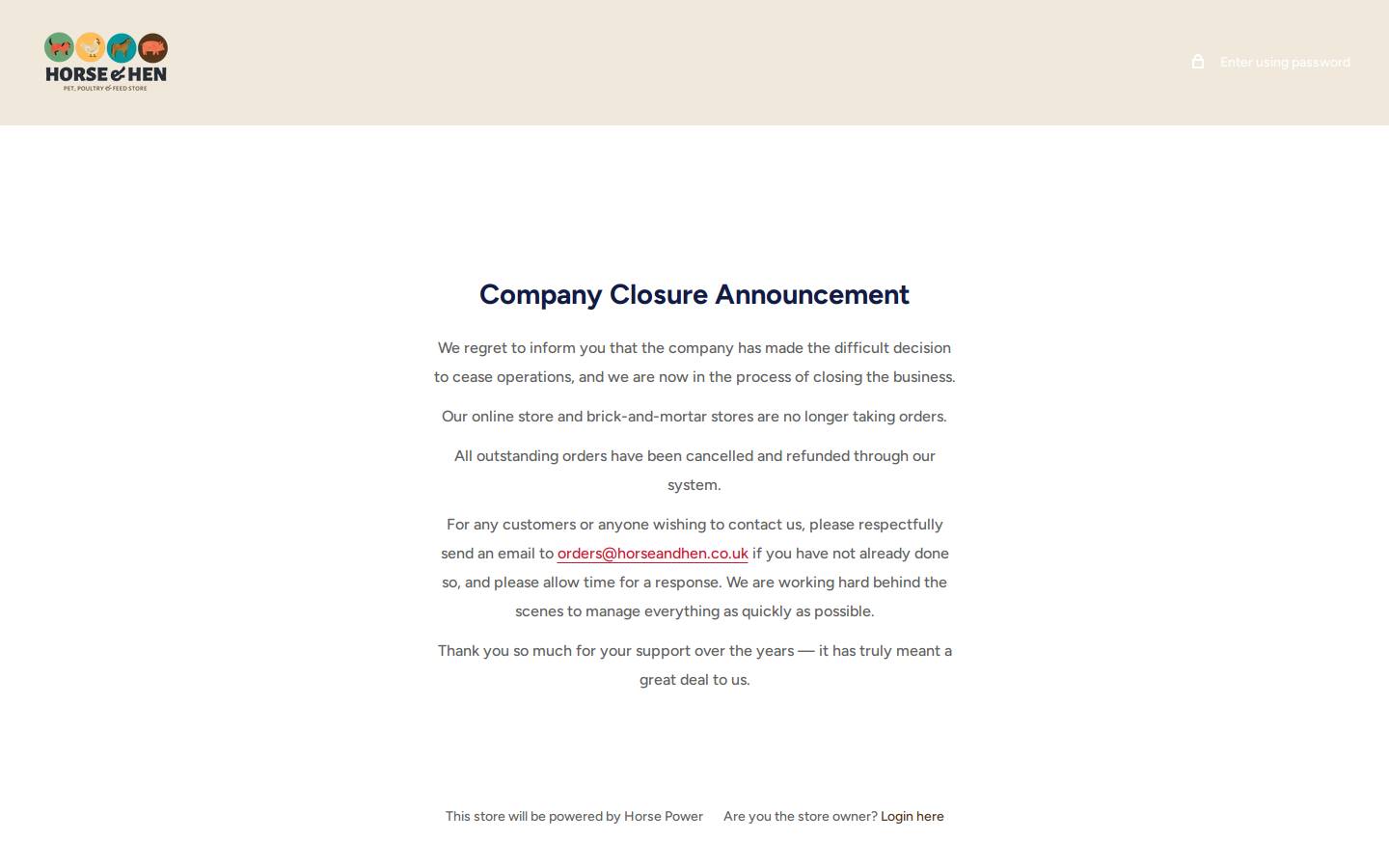Horse & Hen homepage screenshot