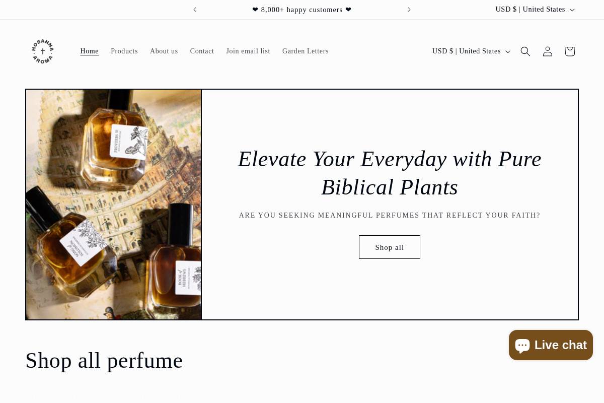 hosanna-aroma.com homepage screenshot