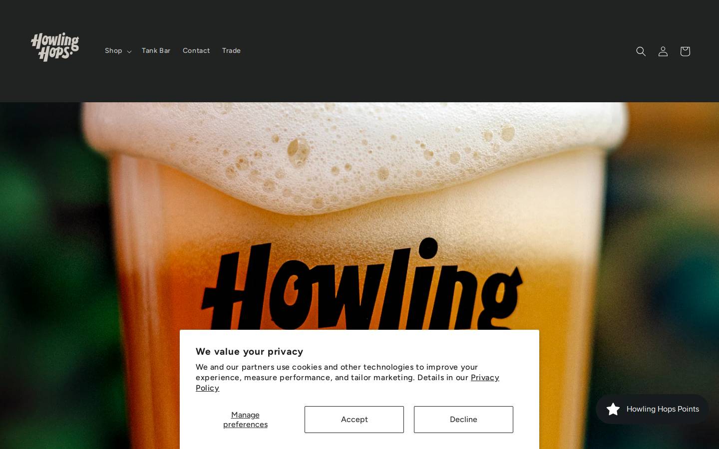 Howling Hops Brewery and Tank Bar homepage screenshot