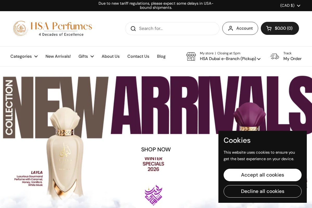 HSA Perfumes homepage screenshot
