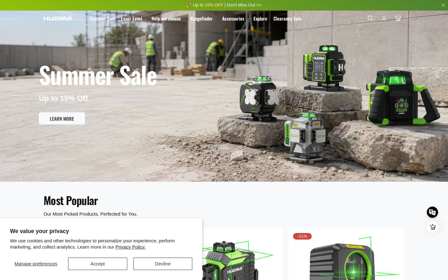 Huepar Official Laser Level homepage screenshot