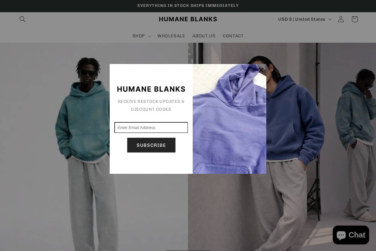 Humaneblanks homepage screenshot