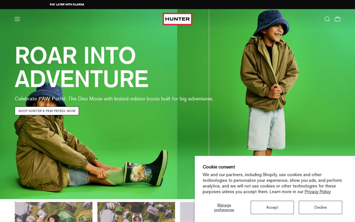 Hunter Boots homepage screenshot