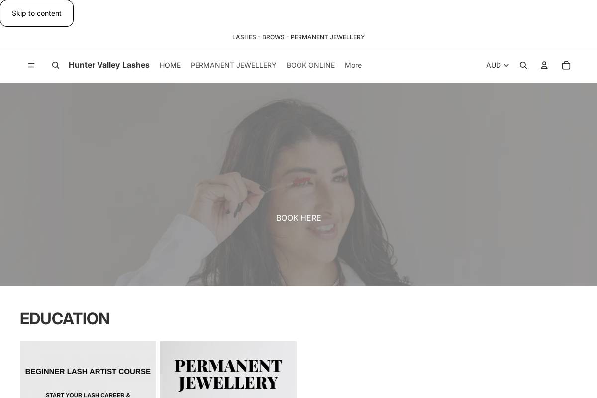 huntervalleylashes.com homepage screenshot