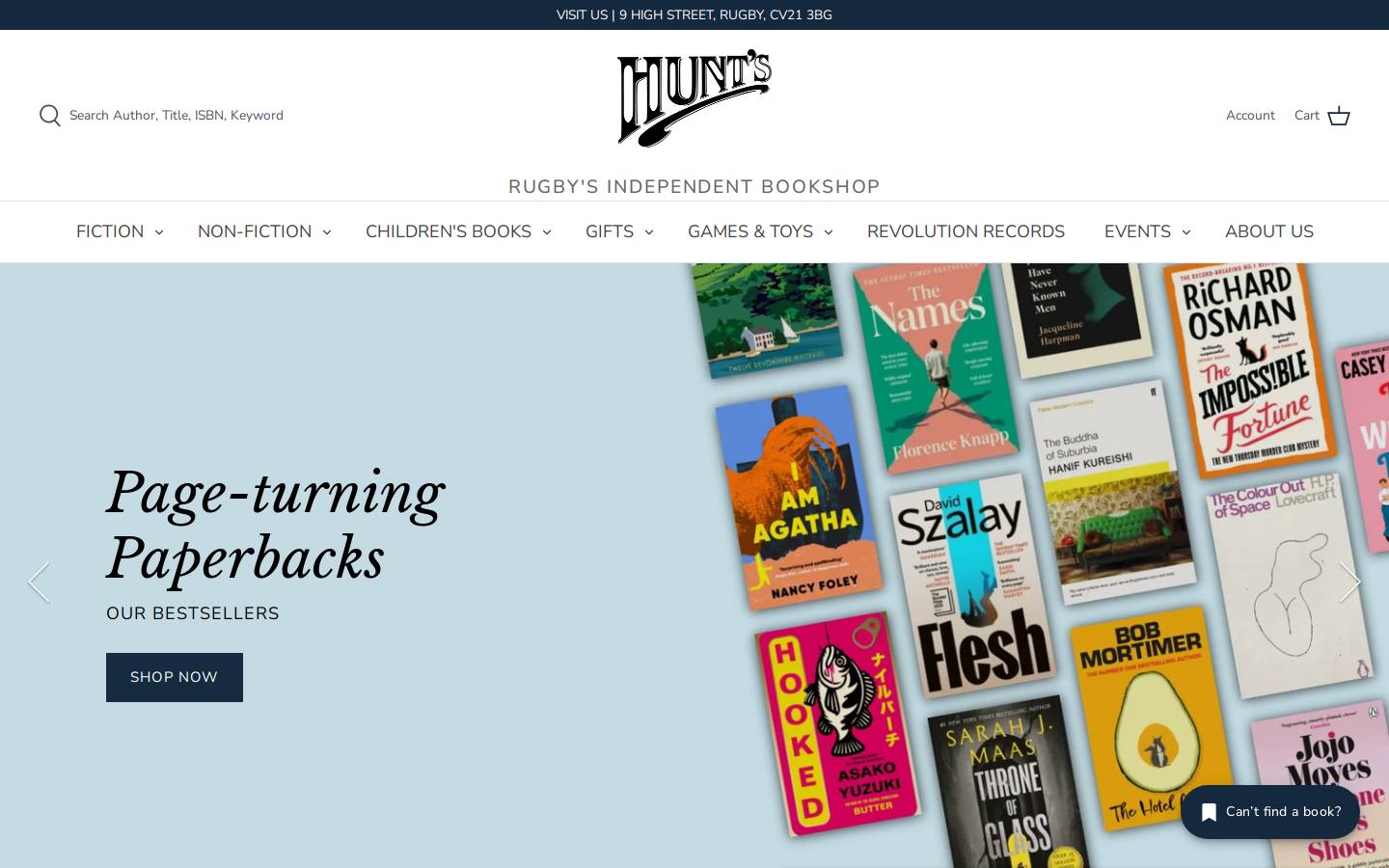 huntsbookshop.com homepage screenshot