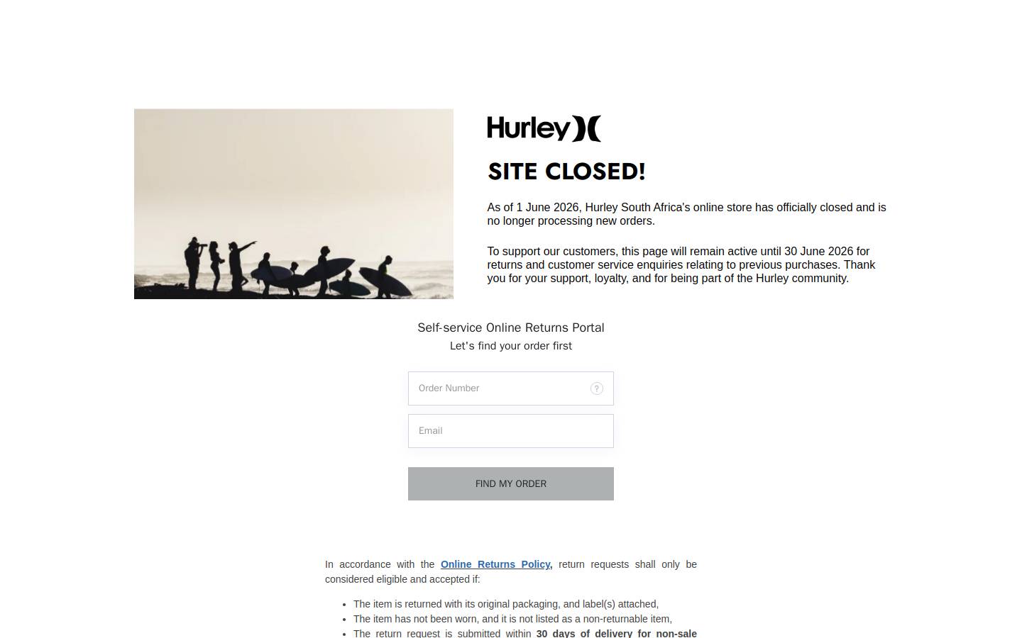 hurley.co.za homepage screenshot
