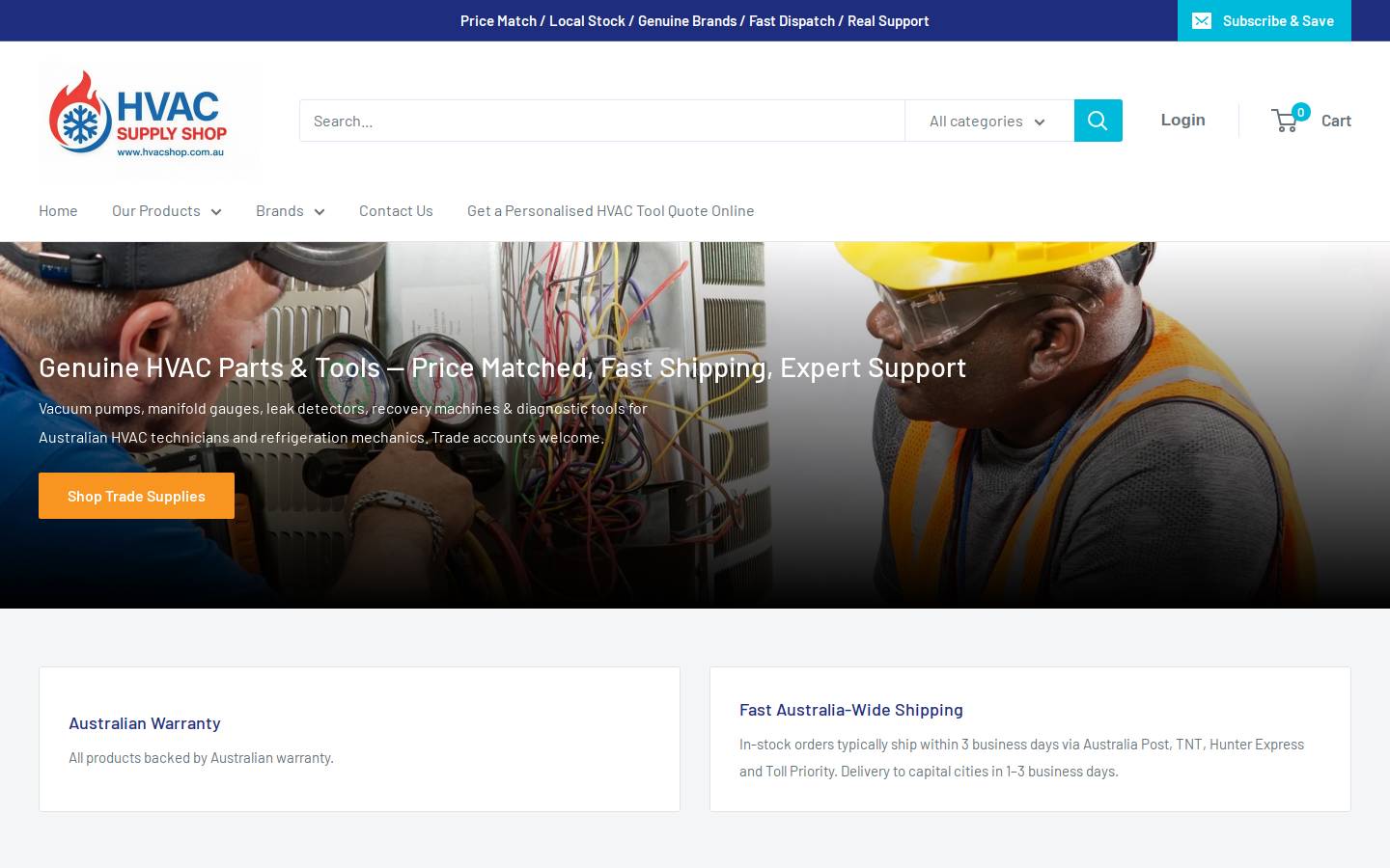 hvacshop.com.au homepage screenshot