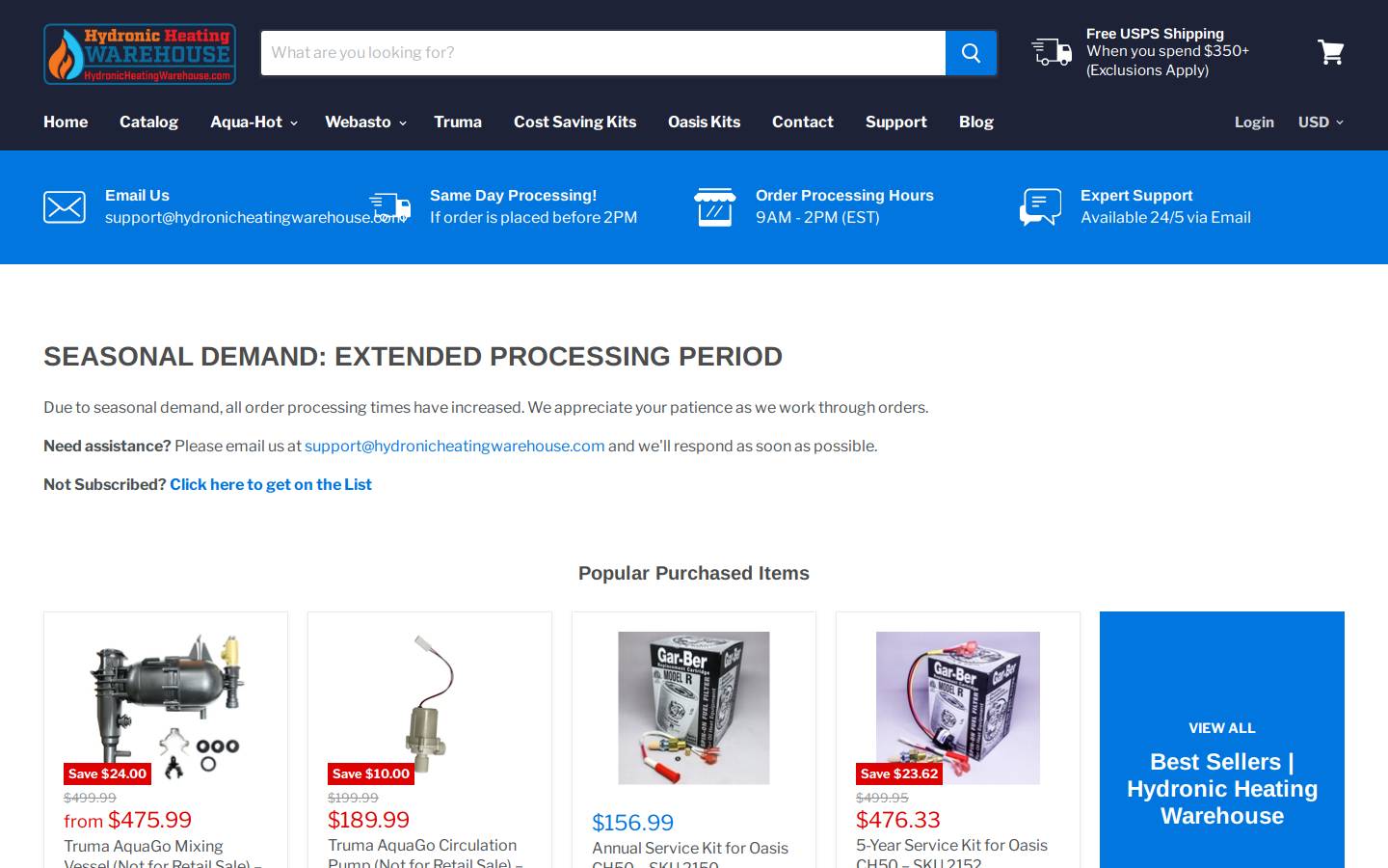 hydronicparts.com homepage screenshot