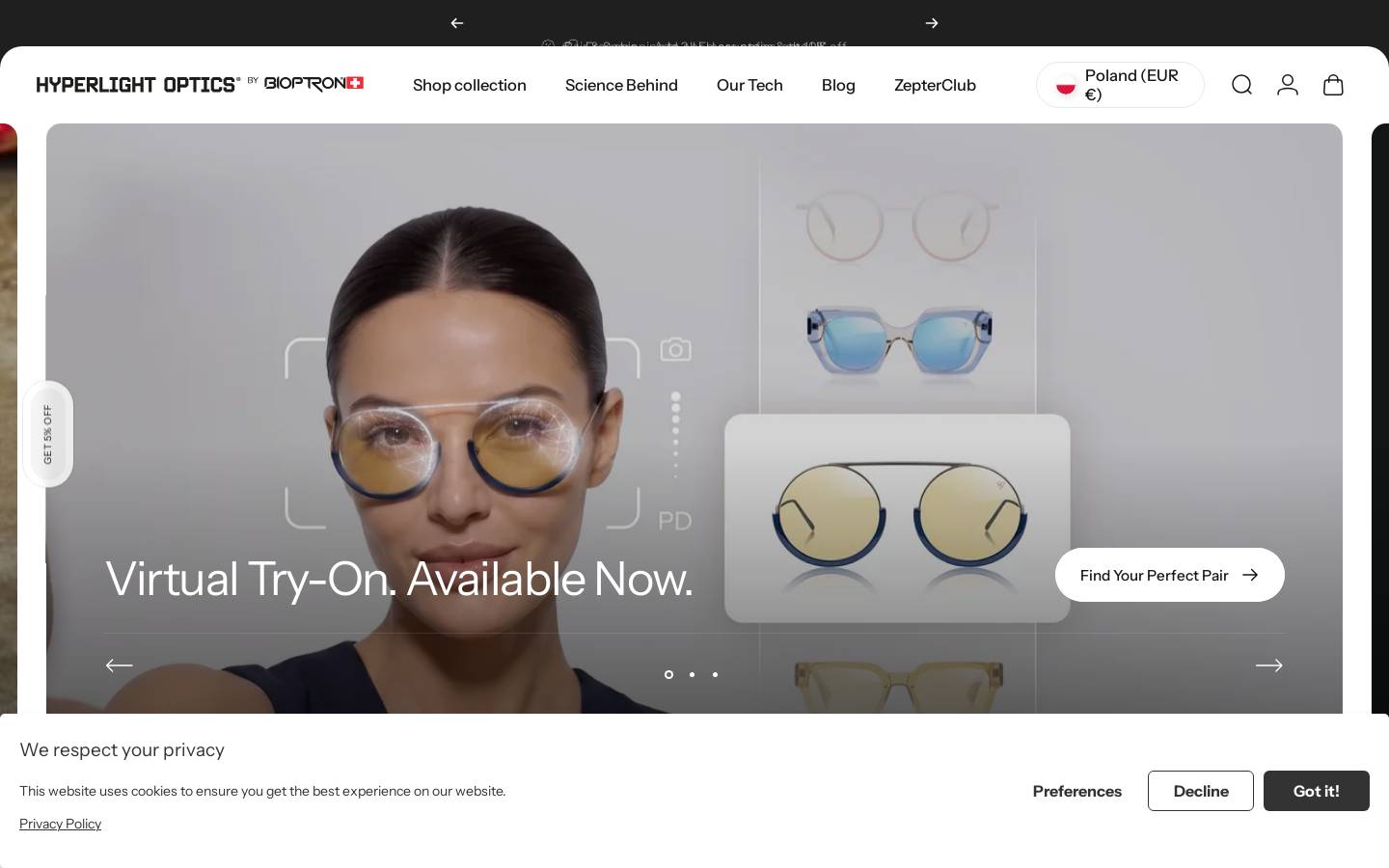hyperlightoptics.com homepage screenshot