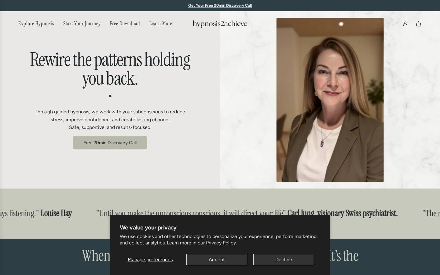 hypnosis2achieve.com homepage screenshot