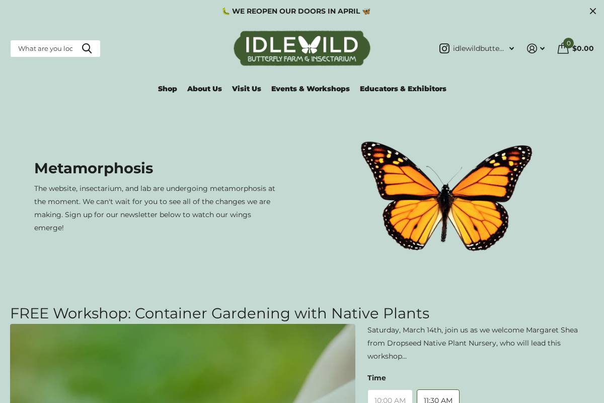 idlewildbutterflyfarm.com homepage screenshot
