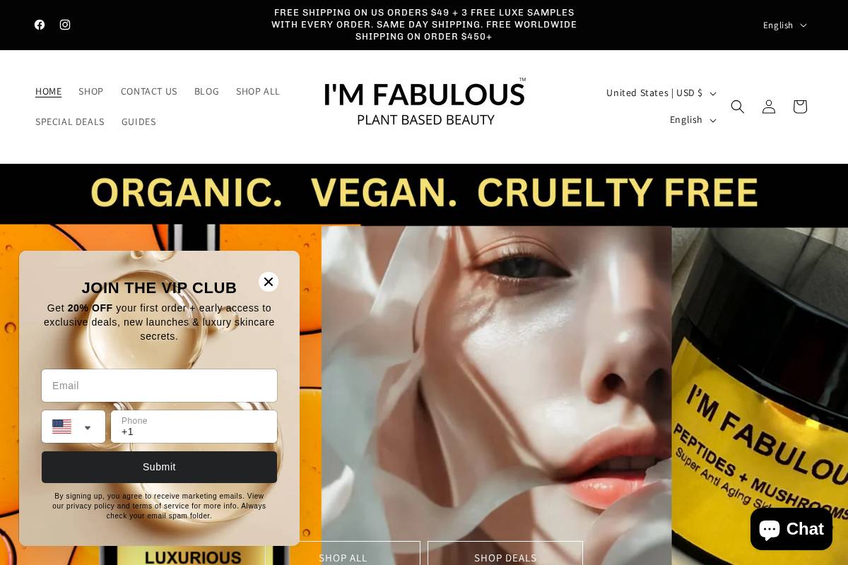 imfabulouscosmetics.com homepage screenshot