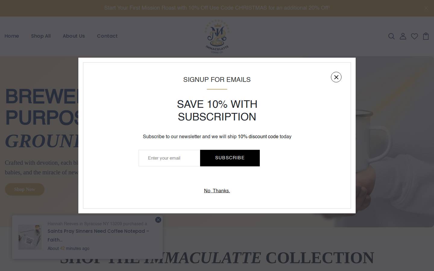 immaculattecoffeecompany.com homepage screenshot