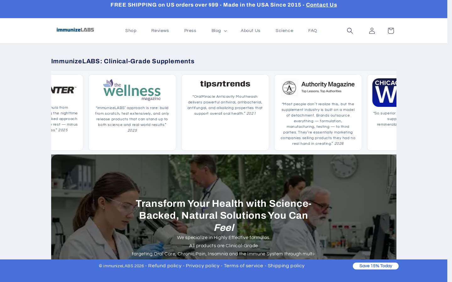 immunizelabs.com homepage screenshot