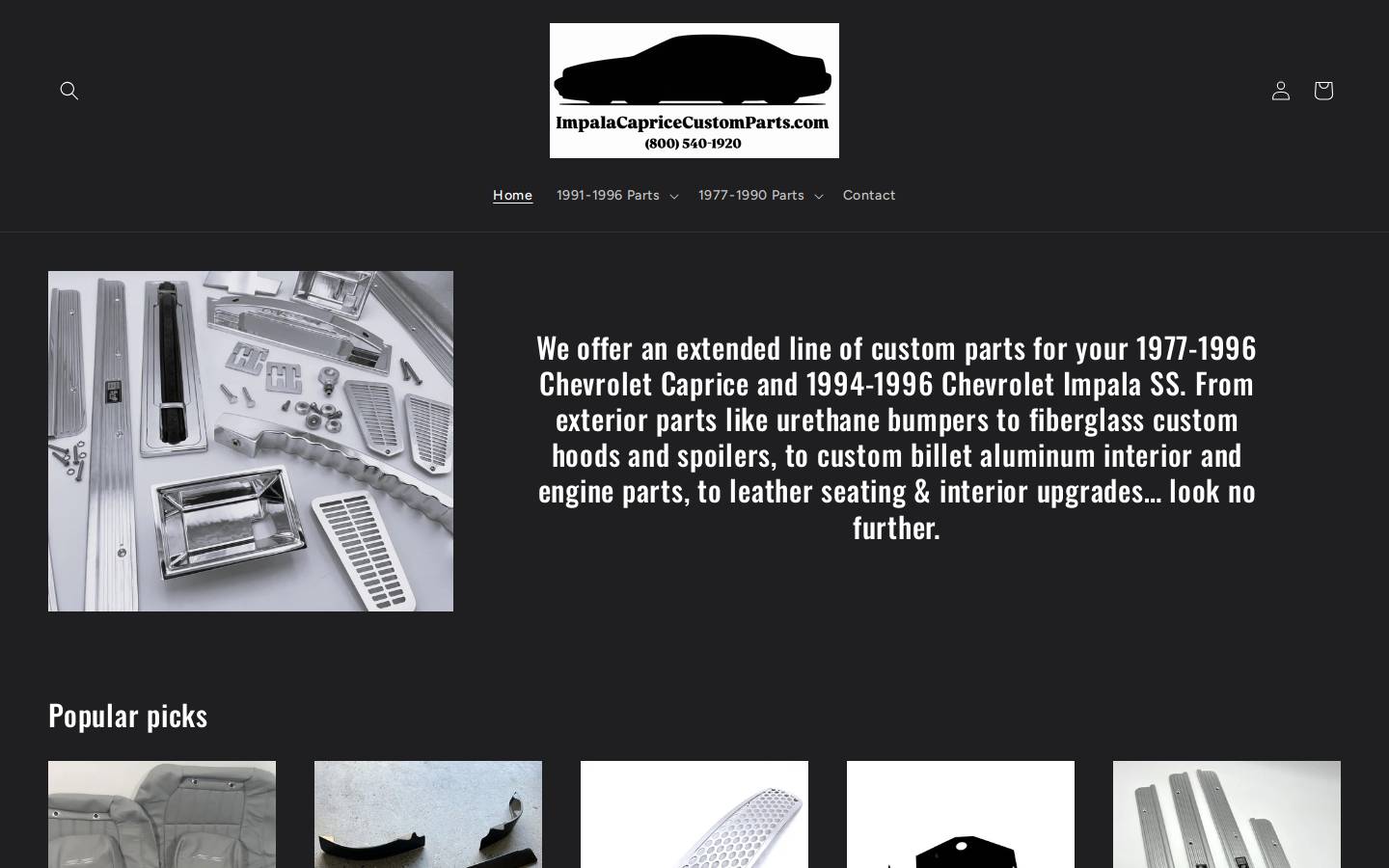impalacapricecustomparts.com homepage screenshot