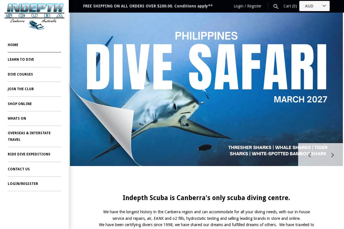 indepthscuba.com.au homepage screenshot