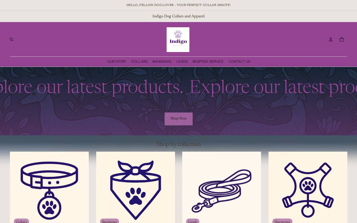 indigodogcollars.com homepage screenshot